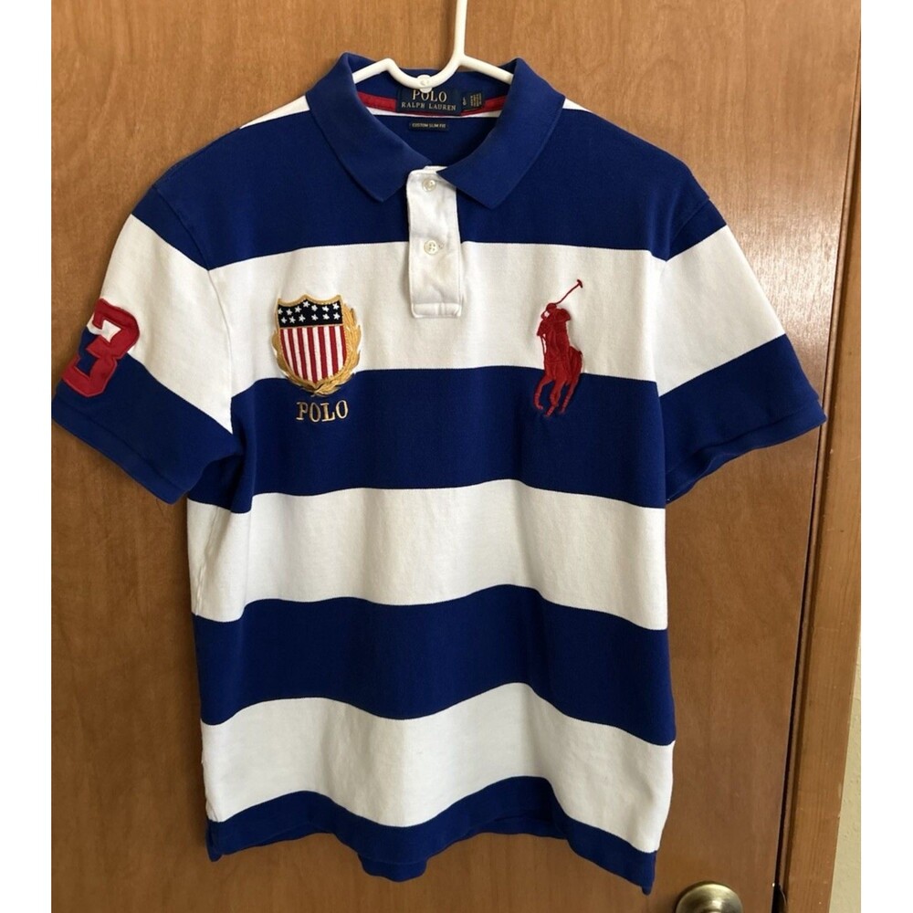 Ralph Lauren Polo Shirt Men’s Large Navy White Stripe USA Crest Big Pony Polo